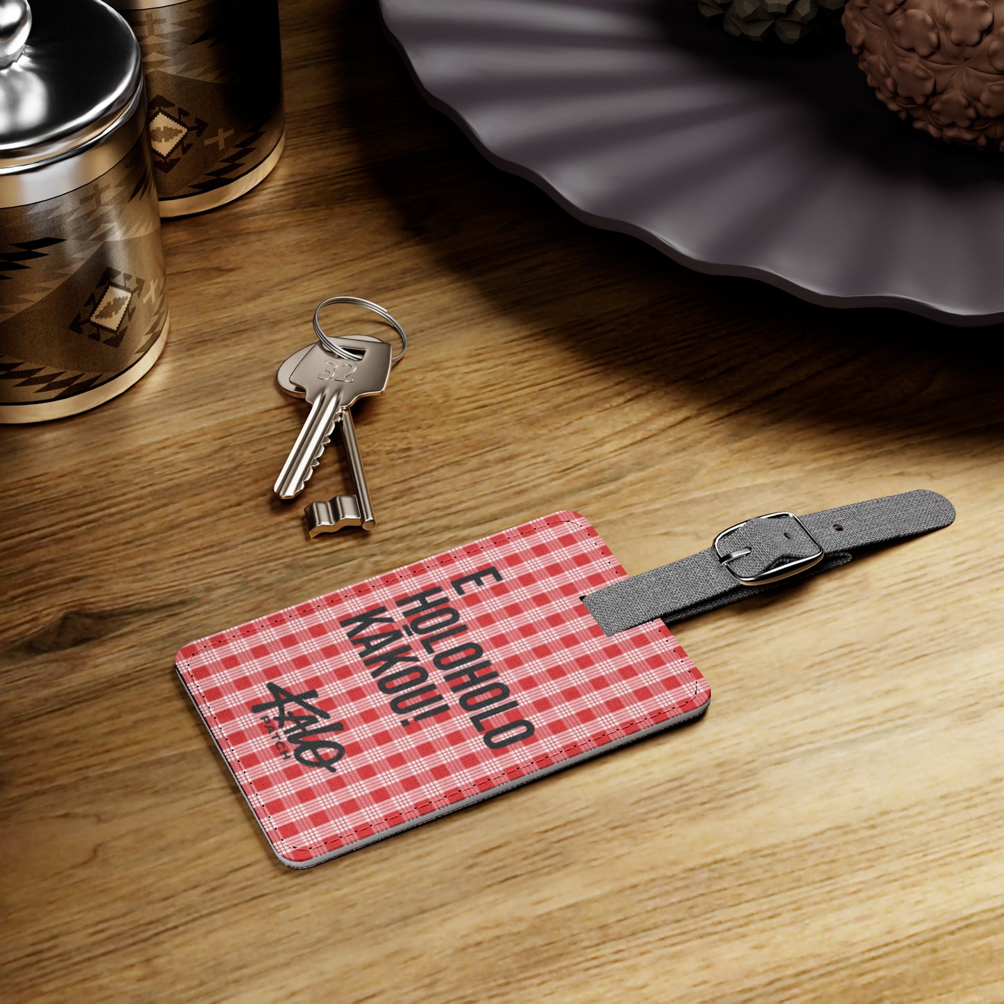 Red Palaka Luggage Tag — "E Holoholo Kakou" Travel ID